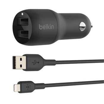 BELKIN Dual USB-A Car Charger w/ 1M PVC A-LTG, 24W, BLK