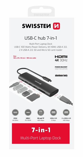 Swissten USB-C Hub 7-in-1 (USB-C 100W, HDMI 4k, 1x USB-A 3.0, 2x USB-A 2.0, SD, Micro SD) Aluminium