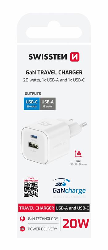 Swissten síťový adaptér GaN 1x USB-C 20w PD a 1x USB-A 18W QC bílý