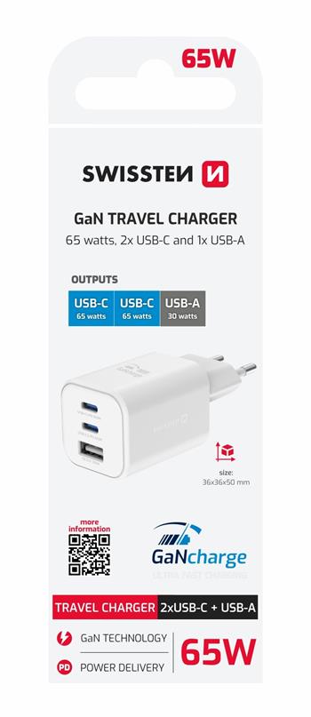 Swissten síťový adaptér GaN 2x USB-C 65W PD + 1x USB-A 30W QC bílý