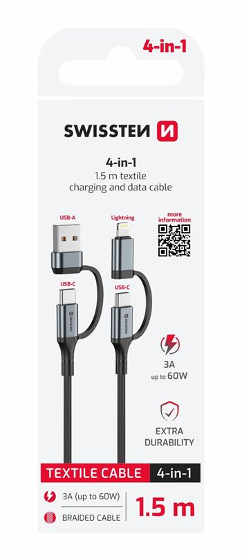 SWISSTEN Textilní datový kabel Swissten 4in1, 3A 1,5 m černý